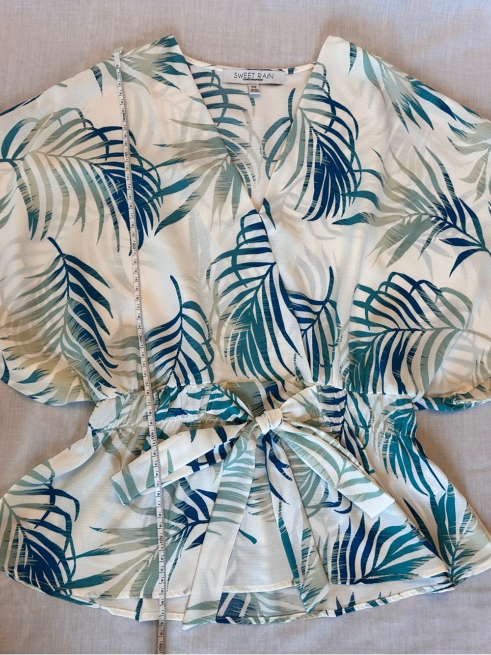Sweet Rain Palm Print V-Neck Top - Teal & Sage